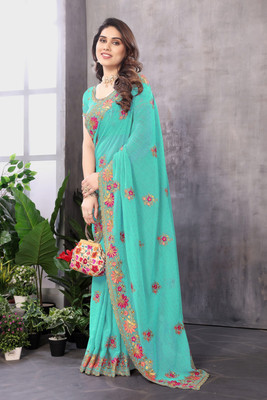KB DESIGNER Embroidered, Floral Print, Embellished Bollywood Georgette Saree(Light Green)