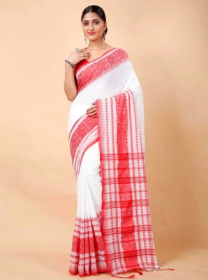 GOLU Self Design Handloom Cotton Blend Saree(White)