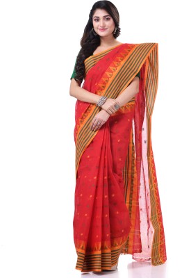 Desh Bidesh Temple Border, Self Design, Striped, Woven Handloom Handloom Cotton Blend, Pure Cotton Saree(Red)