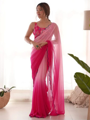 Damru trendz Solid/Plain Leheria Georgette Saree(Pink)