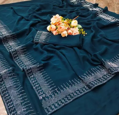 DHRAM CREATION Solid/Plain Bollywood Georgette Saree(Light Blue)