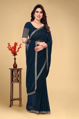 V AMAN FASHION Solid/Plain, Self Design, Embroidered Bollywood Chiffon Saree(Dark Blue)