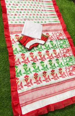 B & R CREATION Printed, Floral Print, Paisley Jamdani Cotton Silk Saree(Multicolor, White, Red)