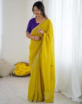Satrani Embellished, Embroidered Bollywood Silk Blend Saree(Yellow)