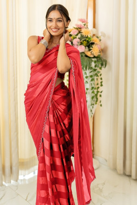 SUBHAM Striped, Embellished Bollywood Georgette Saree(Red)