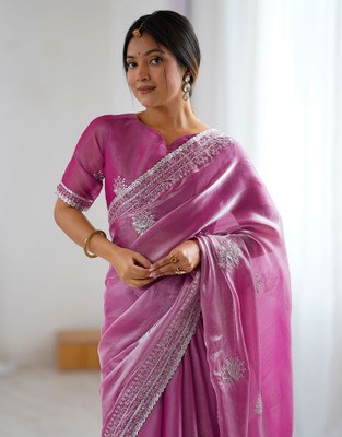 Satrani Embellished, Embroidered Bollywood Tissue Saree(Pink)
