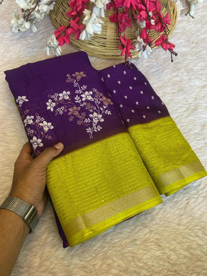 Bhuwal Fashion Floral Print, Woven Bollywood Crepe Saree(Purple)