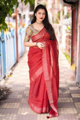 STAVA CREATION Embroidered Bollywood Linen Saree(Red)