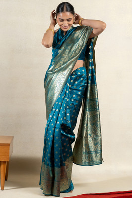 SUBHAM Woven, Embellished Kanjivaram Silk Blend Saree(Light Blue, Gold)