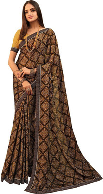 RAJESHWAR FASHION Printed Bollywood Pure Silk, Chiffon Saree(Brown)