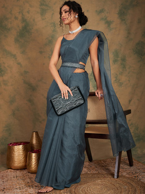 Sangria Solid/Plain Daily Wear Organza Saree(Grey)