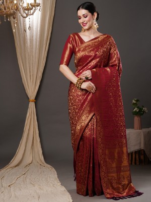 Sareemall Woven Kanjivaram Silk Blend Saree(Maroon)