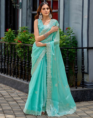 Satrani Embroidered, Embellished Bollywood Jimmy choo, Tissue Saree(Light Blue)