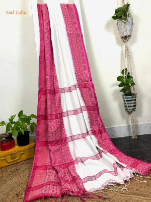 Joyguru Textile Self Design Handloom Pure Cotton Saree(White)