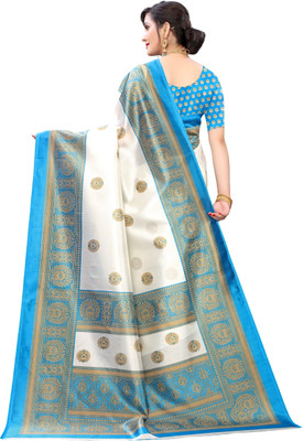 Saadhvi Printed Mysore Art Silk Saree(White, Blue)