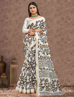 PRTRENDZ Printed Kanjivaram Pure Cotton, Cotton Linen Saree(White, Brown)