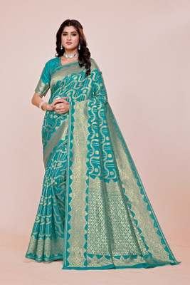 DHAYNAAND REEWA FASHION Floral Print, Woven Kanjivaram Organza Saree(Light Green)