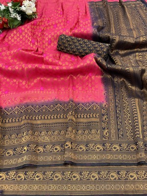 SSP TEX Woven Kanjivaram Silk Blend Saree(Dark Blue, Pink)