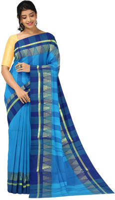 saree star Self Design Tant Cotton Blend Saree(Light Blue)