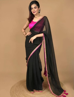 BK COLLECTION Solid/Plain Bollywood Georgette Saree(Black)