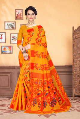 Vedant Vastram Self Design Jamdani Cotton Blend Saree(Yellow)