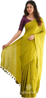 kalpana handloom Solid/Plain Handloom Cotton Blend Saree(Light Green)
