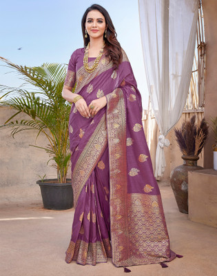 Satrani Woven, Embellished Banarasi Silk Blend, Jacquard Saree(Purple, Gold)