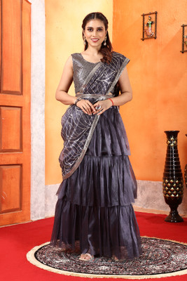 PATLANI STYLE Embroidered Pre Draped Saree Net Saree(Purple)