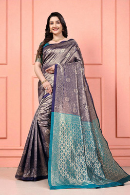 DDRS Fashion Woven, Self Design, Temple Border Bollywood Jacquard Saree(Blue)
