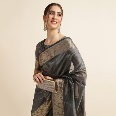 Divastri Digital Print Banarasi Silk Blend Saree(Grey)