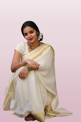 GUGALIYA FASHION Solid/Plain Kasavu Pure Cotton Saree(Cream)