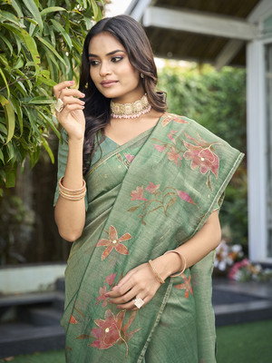 Tasrika Floral Print Bollywood Tissue Saree(Green)