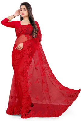 HouseOfCommon Self Design Bollywood Net Saree(Red)