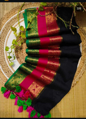 trogon Woven, Striped, Floral Print Handloom Pure Cotton Saree(Black)