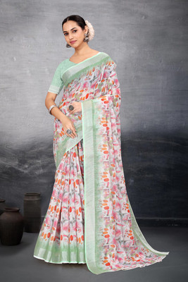 HouseOfCommon Floral Print Bollywood Cotton Linen Saree(Multicolor)