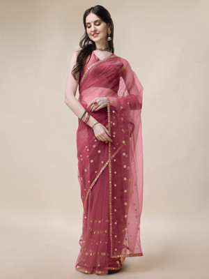 Sangria Embroidered Daily Wear Net Saree(Pink)