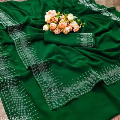 rudraCreation Dyed, Embellished, Self Design Bollywood Chiffon, Georgette Saree(Green)