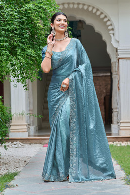 NewPoojaSaree Embellished Bollywood Silk Blend Saree(Light Blue)