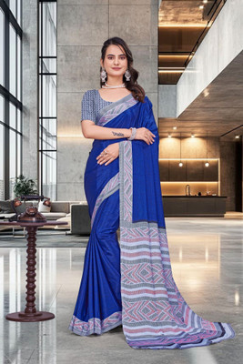 Feminista Printed, Solid/Plain Daily Wear Crepe Saree(Blue)
