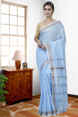 GitAsit Self Design Handloom Cotton Blend Saree(Light Blue)