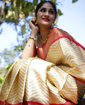 Rudr Venture Self Design Banarasi Cotton Silk Saree(Beige)