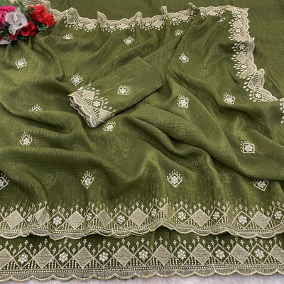 Ethina Fashion Embroidered Bollywood Crepe Saree(Light Green)