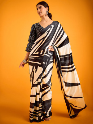 Divastri Printed Daily Wear Satin Saree(Cream, Black)