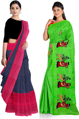 Ganesh plastic and industry Self Design Handloom Cotton Silk Saree(Pack of 2, Multicolor)