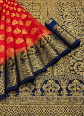JkfSarees Woven Banarasi Jacquard Saree(Red, Dark Blue)