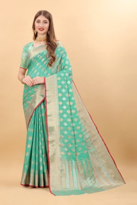 VIRDHI TEXTILE Printed, Self Design, Embellished, Woven, Animal Print, Blocked Printed Assam Silk Jacquard, Silk Blend Saree(Green)