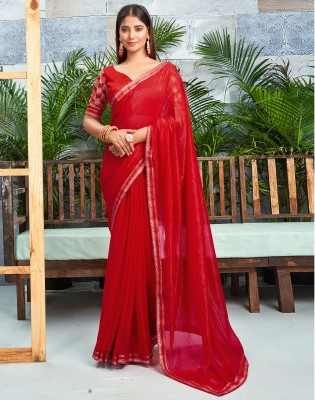 Satrani Embellished, Striped Daily Wear Chiffon, Lace Saree(Red)