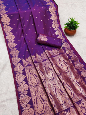 hitesh pahuja Paisley, Woven, Self Design Banarasi Pure Silk Saree(Purple)