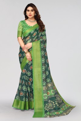 Winza Designer Geometric Print Daily Wear Cotton Blend Saree(Dark Green)