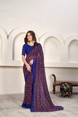 Yogik Creation Floral Print Daily Wear Georgette Saree(Blue)